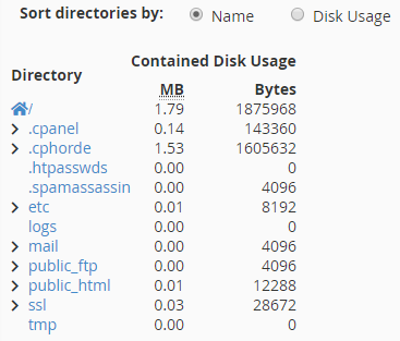 cPanel disk space usage details